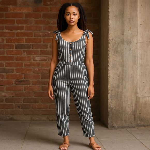 Mod Ref Pants - Mod Ref Blue White Stripe Capri Style Jumpsuit Size Small